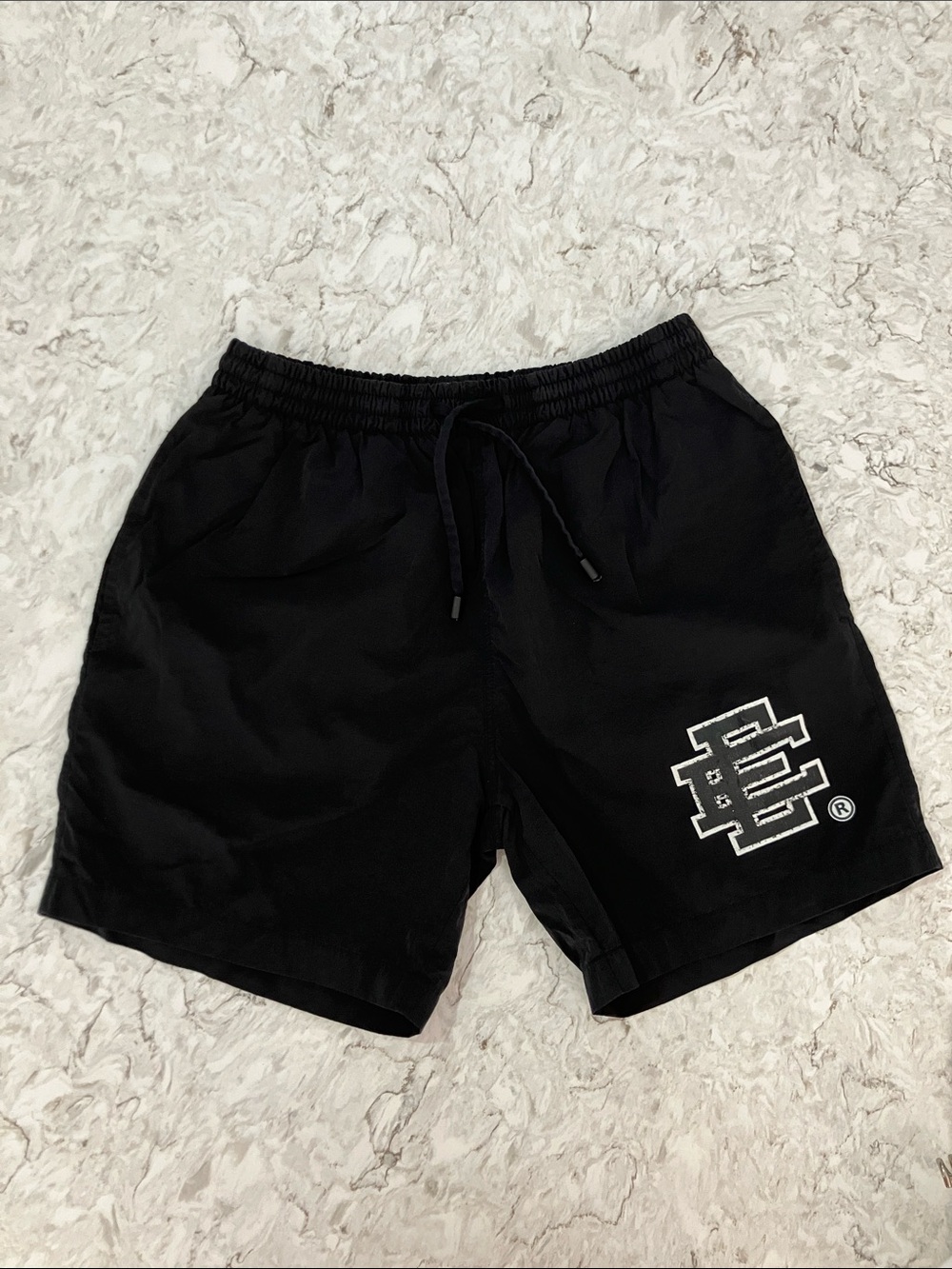 Eric Emanuel Black Athletic Shorts with White Logo Patch AND Bag